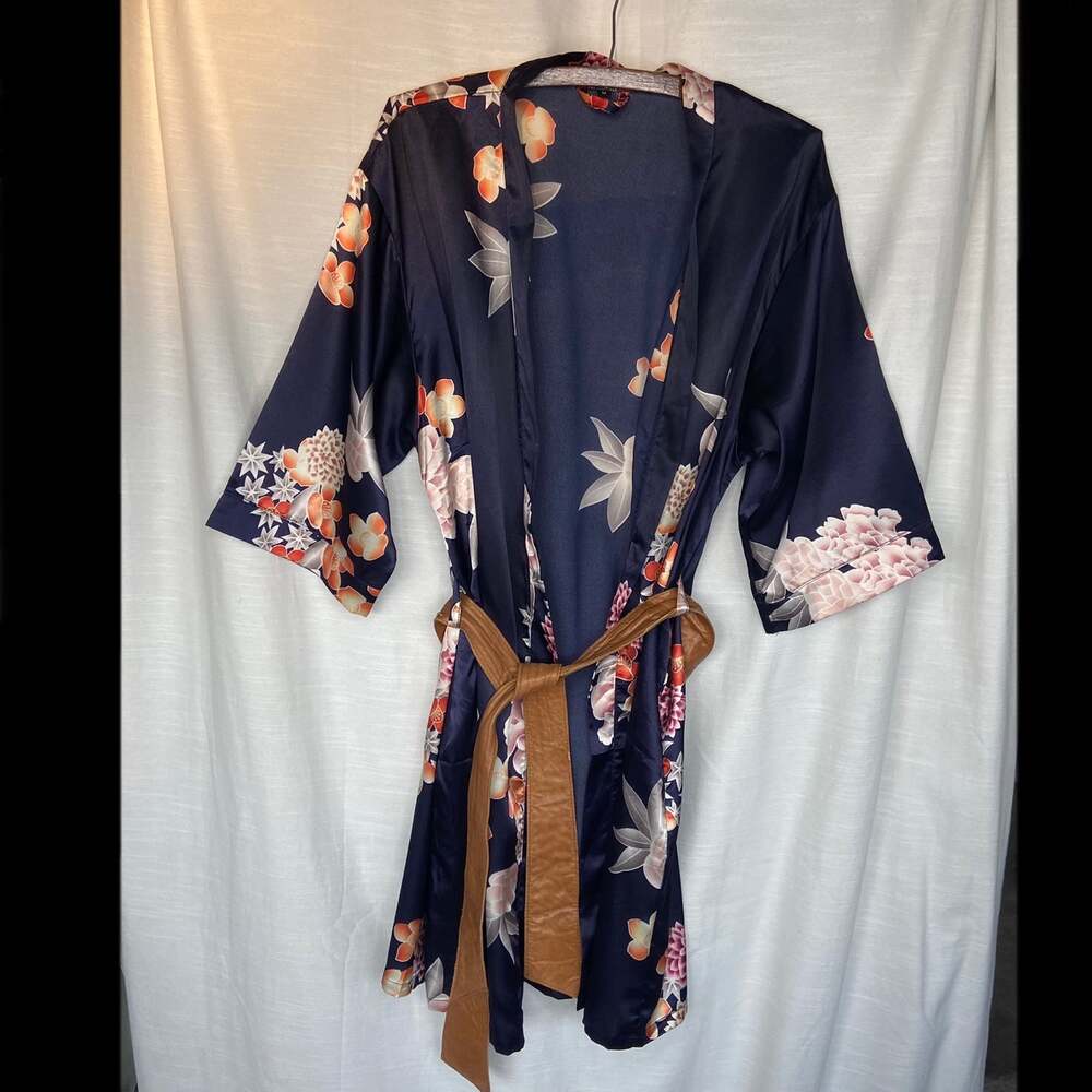 Boho Blue Floral Robe with Pleather Belt